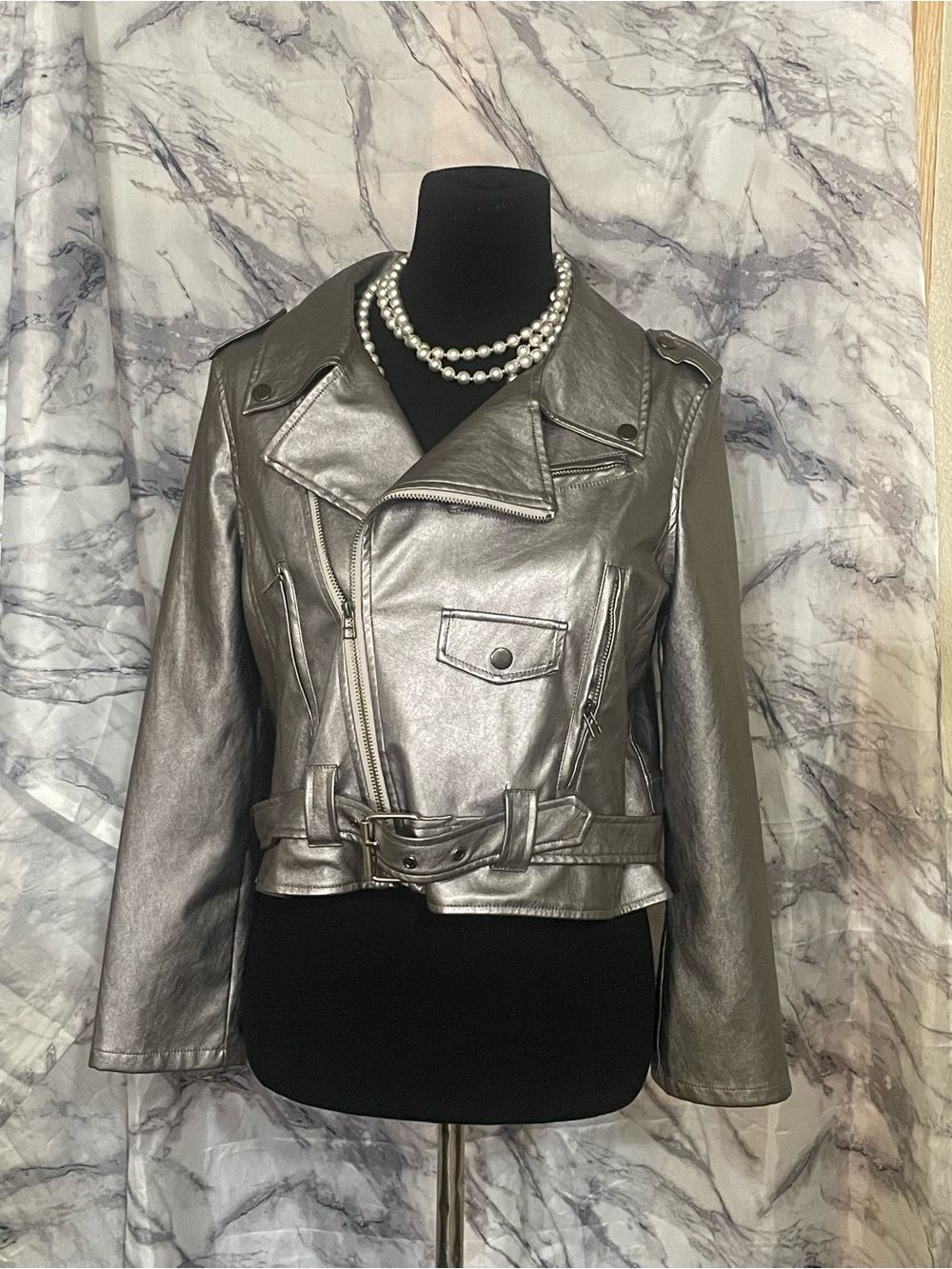 HAODUOYI Metallic Silver Moto Leather Jacket
